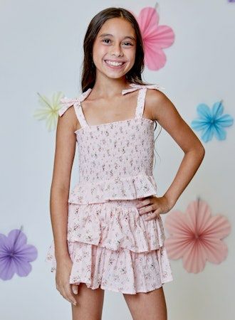 Smocked Pink Skort With Floral Design