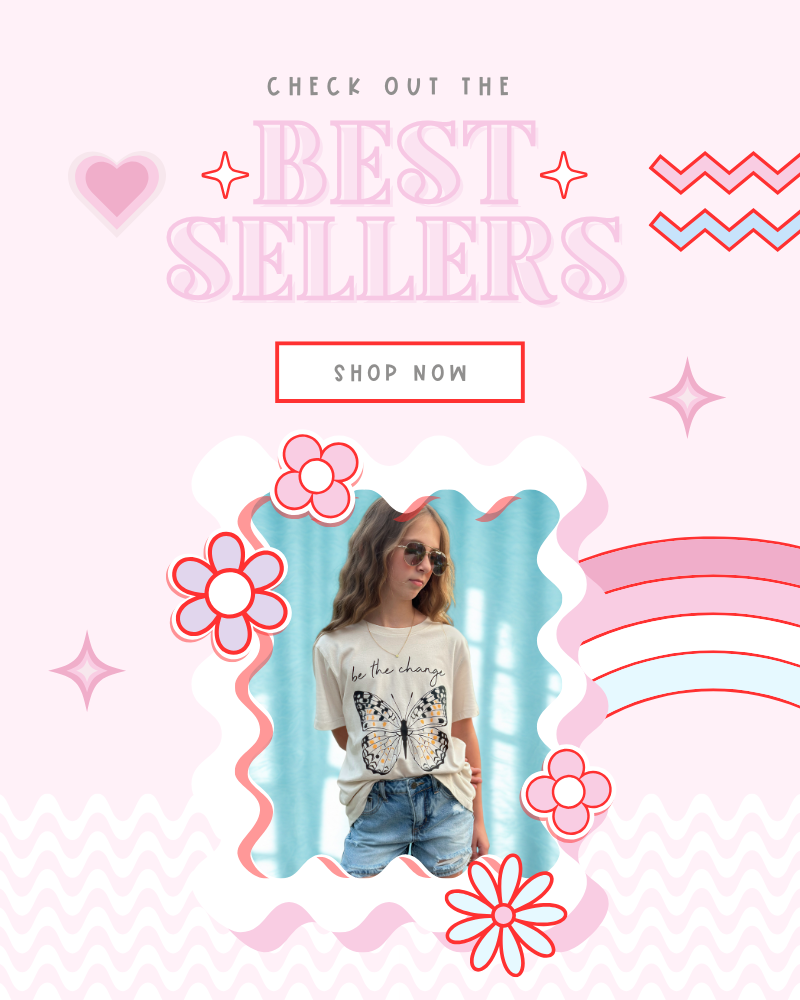 Promotional graphic with 'Best Sellers' text, a person in sunglasses and a graphic t-shirt, and decorative elements on a white background.