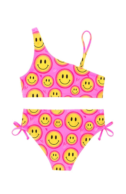 Smiley Face Printed One Shoulder Bikini Swimsuit