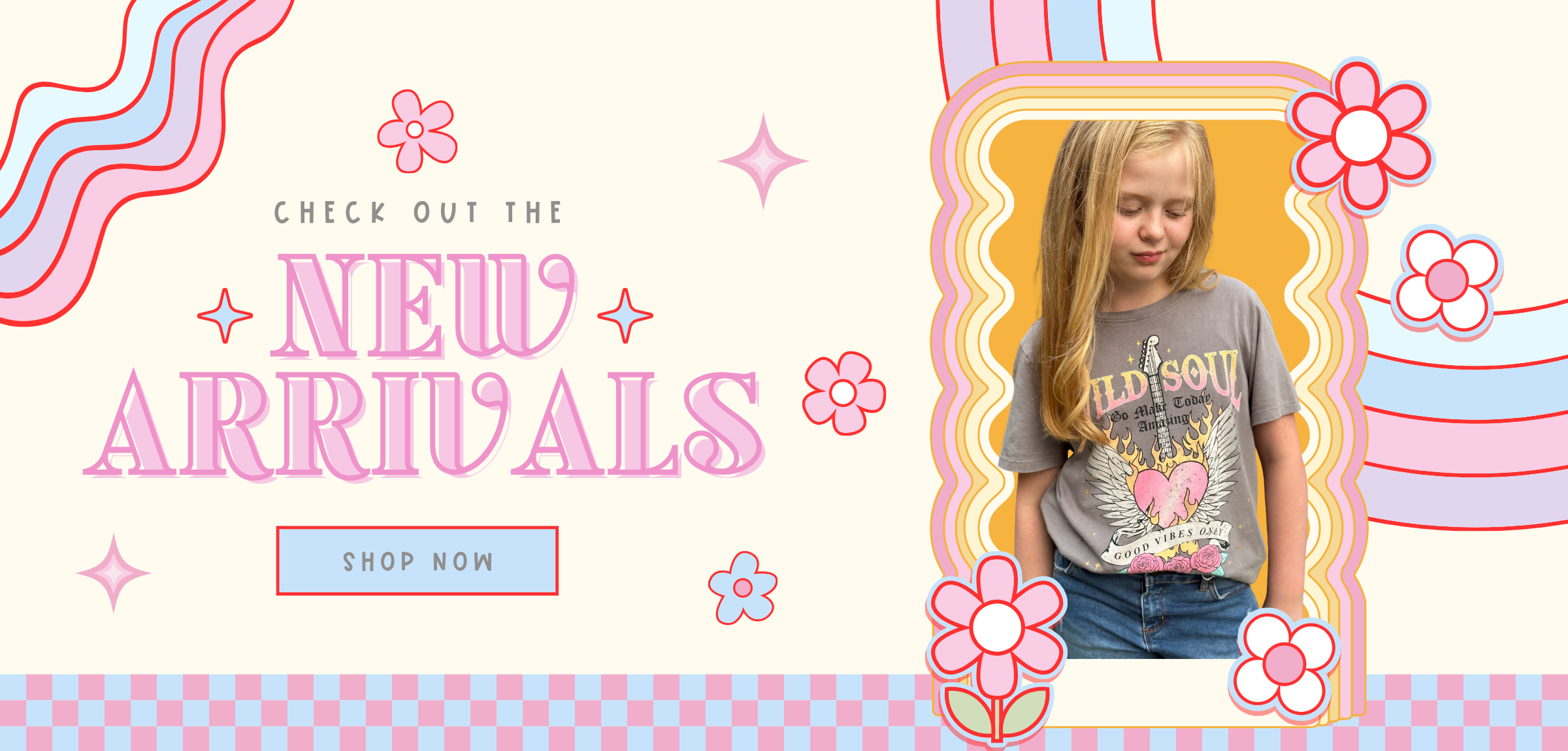 Promotional banner with a girl in a gray t-shirt and jeans, surrounded by decorative elements and text.