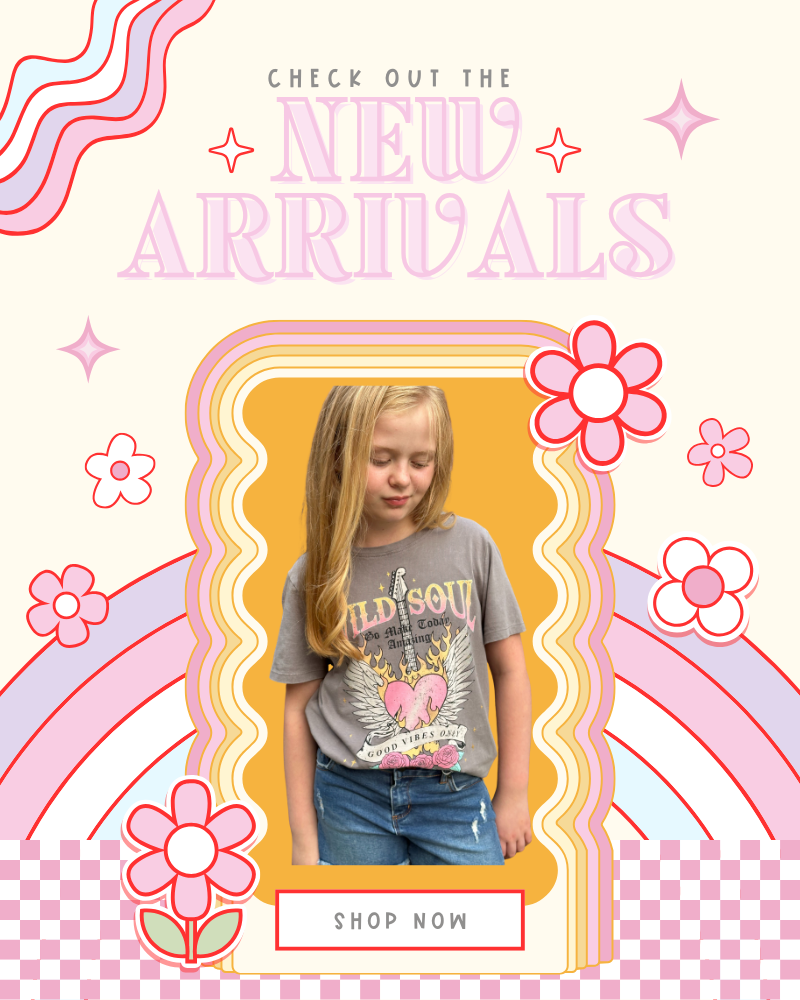 Promotional graphic with a girl wearing a t-shirt, colorful border, and text 'Check out the new arrivals' on a checkered background.