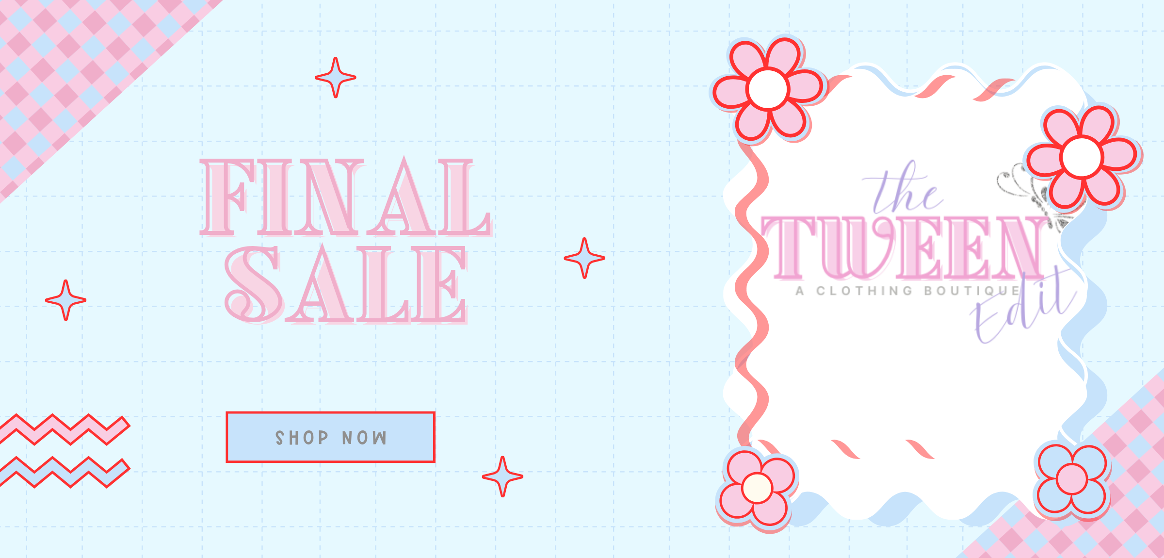 Promotional banner for a final sale at a clothing boutique with floral designs and text.