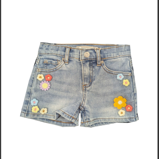 Tractr High-Rise Denim Shorts with Crochet Floral